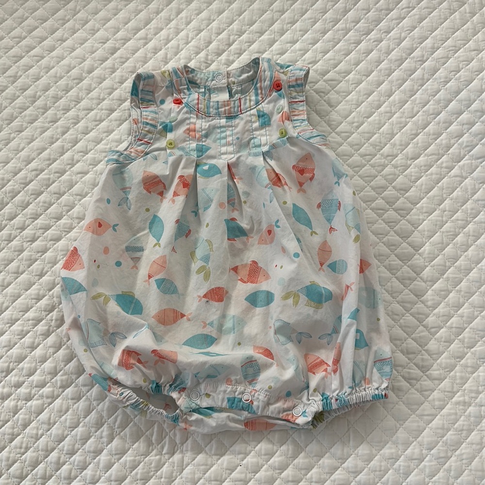 Janie and Jack White Colorful Fish Print Bubble Romper 3-6 months